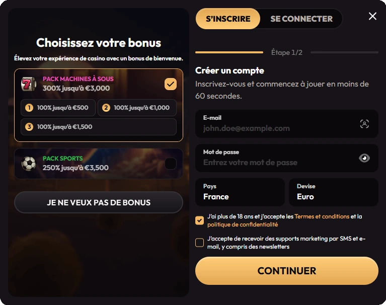 Inscription sur madcasino.